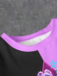Tween Girl Casual K-POP Girl Pattern "HEY GIRL" Letter & Pentagram Print Colorblock Short Sleeve Round Neck T-Shirt, Fashionable K-POP Girl Group For Summer - Multicolor - View 4