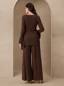 Modelyn 2pcs Coffee Brown Textured Fitted Women Set, Autumn/Winter - Coffee Brown - View 2