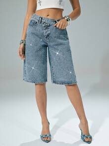 Denimoi Quần short denim lửng đính đá lấp lánh, kiểu dáng mùa hè, trang phục mùa hè cho nữ, quần short dự tiệc, quần short denim thời trang, quần short denim. - Rửa nhẹ - Xem 3