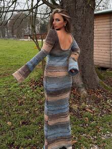 Jeta Ari Women's New Autumn And Winter Versatile Retro Striped Knitted Tight Dress, Sexy Backless Long Sleeve Slim Long Knitted Dress, Long Sleeve Party Dress, Wedding Guest Dress, Retro Autumn And Winter Base Knitted Dress, Daily Date Dress,Cozy Fall And Winter Clothes For Women