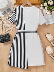 Tween Girl Striped Print Asymmetrical Hem Dress - Black and White - View 2