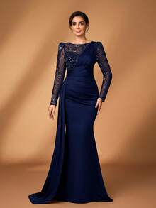 Serin 优雅奢华的串珠亮片花卉网纱袖褶皱鱼尾裙，侧开衩设计，适合婚礼、派对、度假、新娘、新娘母亲等正式场合穿着。 - 藏蓝色 - 查看 6