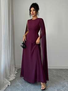 Elenzga Đầm nữ thanh lịch kiểu Trung Đông cổ điển, phối nhiều mảnh vải, dáng chữ A, thắt eo chéo, tay loe và viền voan, thích hợp cho mùa xuân, hè và thu. - Màu Tím - Xem 5