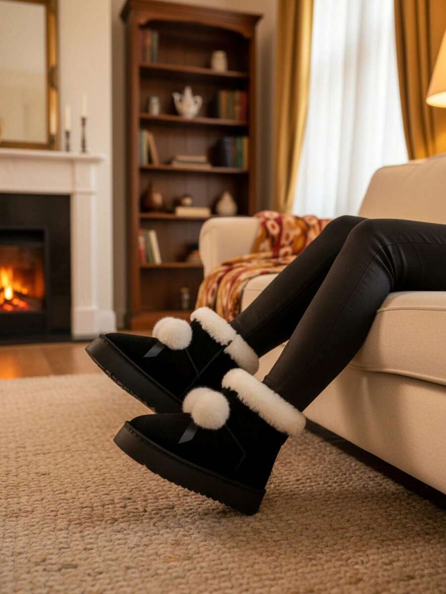 Botas de nieve retro de felpa para mujer 2025 otoño nuevos zapatos de algodón de moda de suela gruesa botas casuales versátiles - Negro - Ver 1