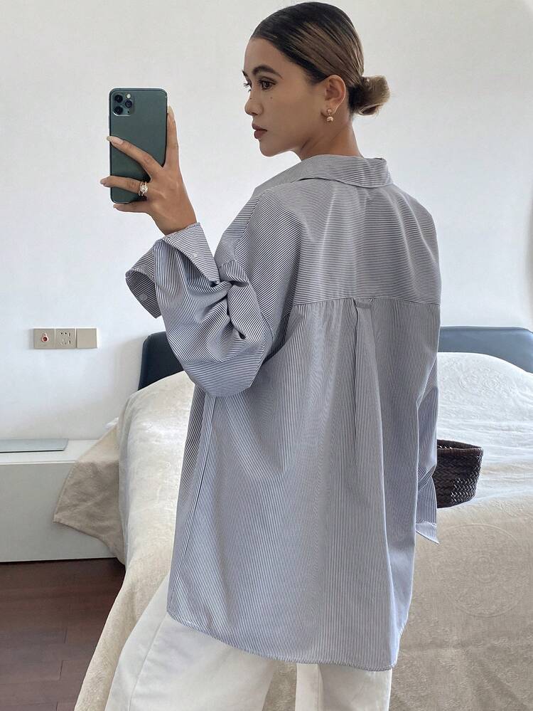 2pcs Women's Elegant Contrast Striped Cropped Camisole And Loose Turndown Collar Long Sleeve Shirt Set, Suitable For Spring And Autumn