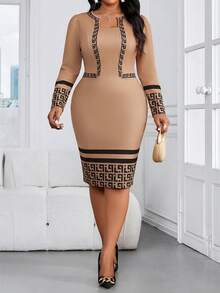 SHEIN Lady Đầm ôm dáng 2 trong 1 cổ chữ V thanh lịch in họa tiết Hy Lạp dành cho nữ cỡ lớn, thích hợp cho mùa xuân/thu. - Màu Khaki - Xem 1