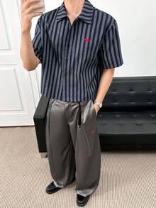 ESTAVOR 男士条纹简约休闲短袖衬衫 - 黑色 - 查看 6