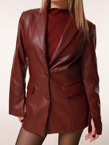 Katetique Veste de costume en PU bordeaux vintage avec taille cintrée pour femmes. Tenue de bureau, sirène, Halloween, Thanksgiving, Noël, automne/hiver - Rouge foncé - Voir 3