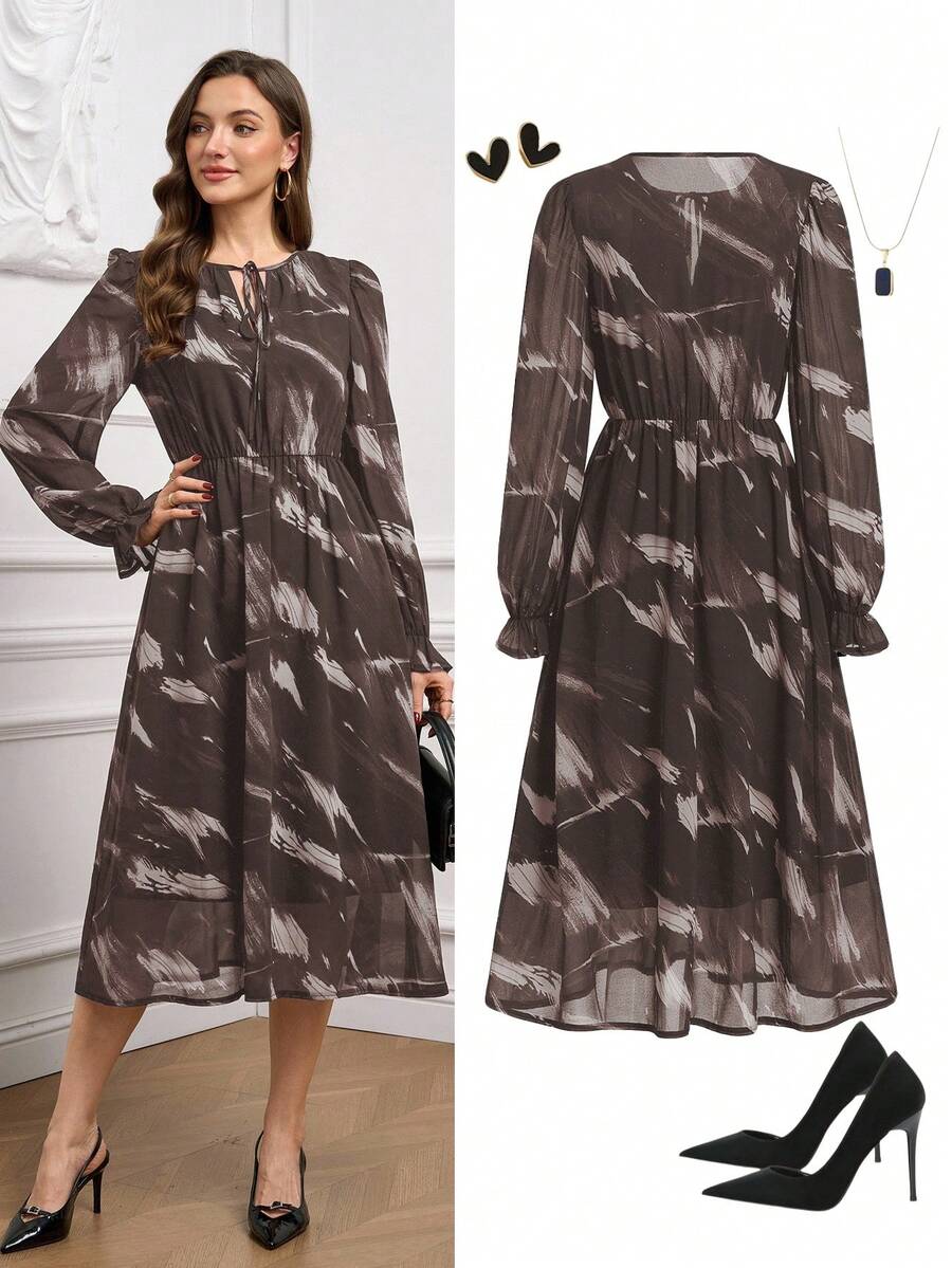 Ellevyn Women's Elegant Leopard Print Chiffon Flowy A-Line Lantern Sleeve Dress - Brown - View 1