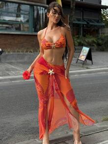 Swim SXY Women's 3-Piece Beach Vacation Sexy Minimalist Floral Orange Maxi Dress, Halter Starfish Metal Accessory Swimsuit Cover Up, Women's Bikini, Christmas Outfits, New Year Outfits, Music Festivals, Parties - Multicolor - View 7