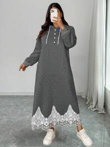 Elenzga 大码女式法式休闲印花长款卫衣连衣裙连帽连衣裙女式长袖长款休闲连衣裙端庄连衣裙卫衣连衣裙女式连衣裙 - 深灰色 - 查看 3