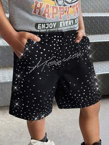 SHEIN Young BoyGlitter Letter Rhinestone Decor Black Denim Loose Shorts - Black - View 4