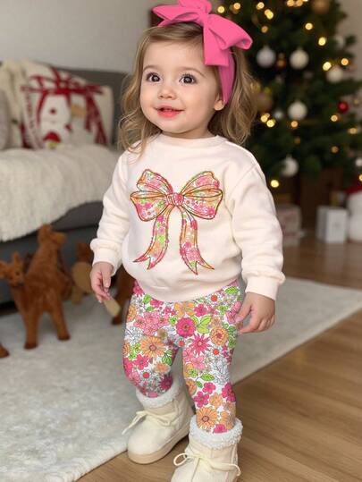 SHEIN 女宝宝休闲可爱甜美多彩春季花卉蝴蝶结图案，田园风格，柔和色调，针织柔软厚实圆领长袖卫衣和打底裤套装，适合秋冬季女宝宝穿着。秋季女宝宝长袖套装，女宝宝花卉套装，女宝宝蝴蝶结套装，女宝宝休闲裤装套装