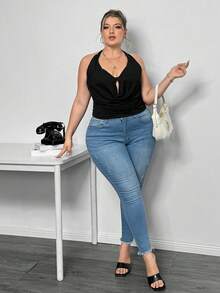 Truni Sometimesglam Plus Size Women's Fashionable Sexy Solid Color Draped Neck Backless Halter Top, For Pear Triangle Body Shape - Black - View 6