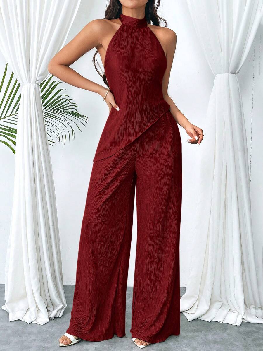 Firerie Women's Elegant Casual Commute Office Outfit Pleated Halter Backless Asymmetrical Hem Shirt & Wide Leg Pants 2-Piece Set, Khaki - Red - View 1