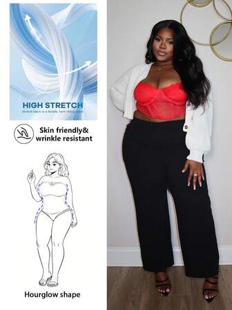 Hourglow Ceceforeign_ Plus Size Solid Black High Waist Straight Leg Pleated Wide Leg Pants, Casual & Elegant, Autumn/Winter, For Hourglass Body Shape