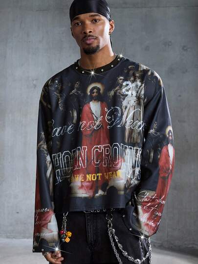 Men's Sparkling Diamond Print Pattern Loose Fit Pullover Sweatshirt