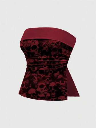 Plus Size Goth Skeleton Print Side Slit Cropped Camisole Top