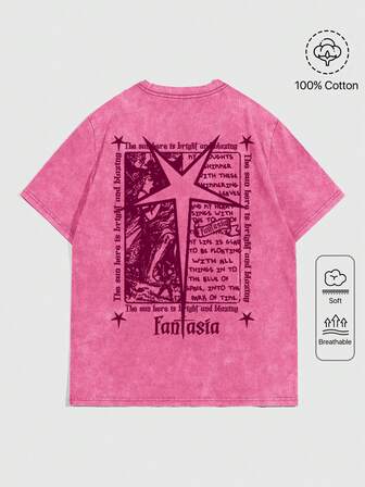 Street Life T-shirt casual à manches courtes col rond rose avec imprimé lettres