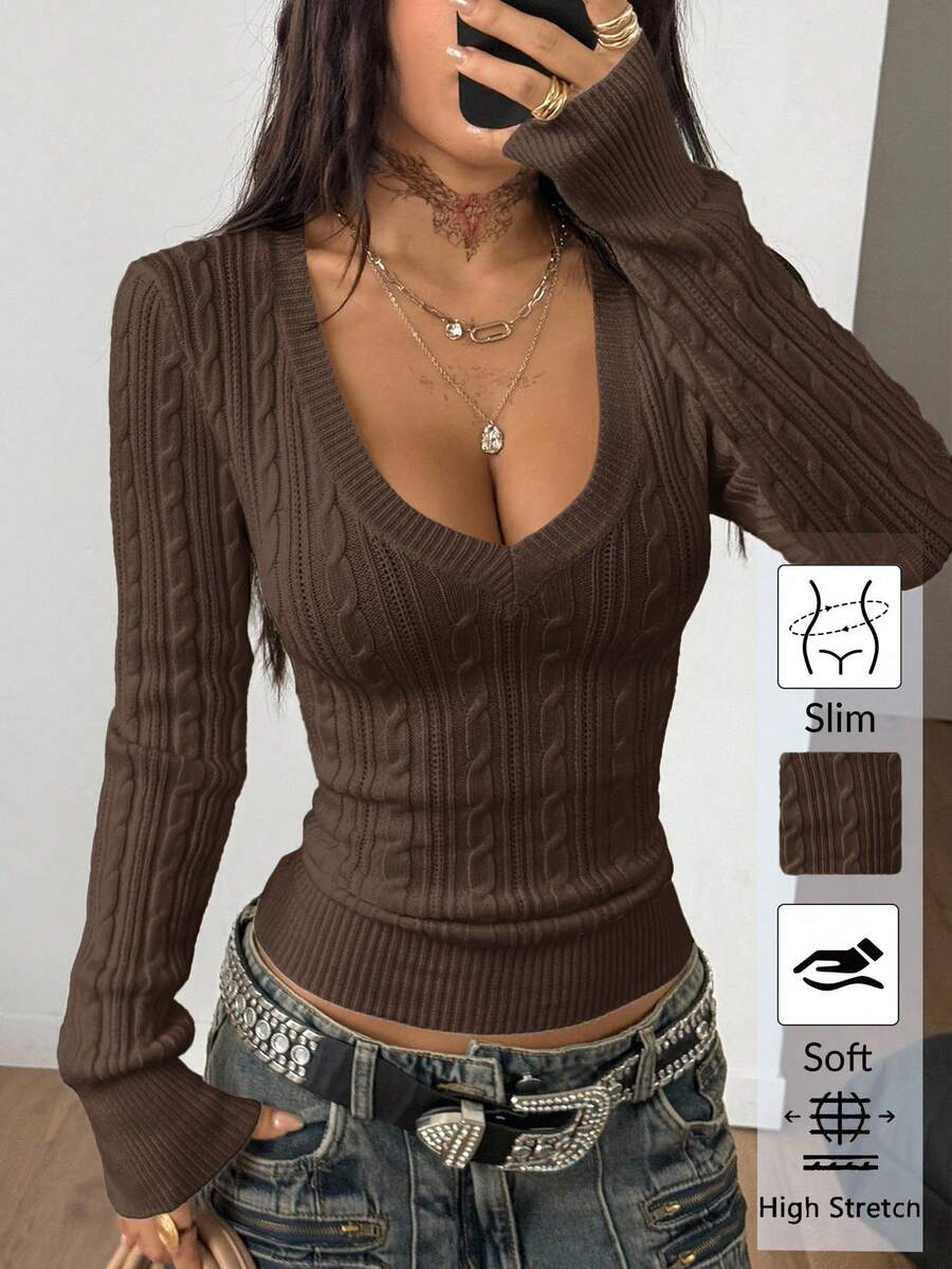Coolane Women's Winter Vintage Preppy Y2K Daily Wear Going Out Renaissance Fair Cable-Knit Club Brown Long Sleeve V-Neck Sweater - Coffee Brown - View 1