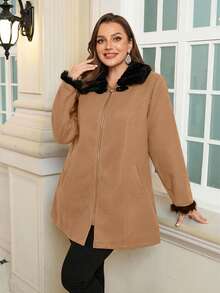 EMERY ROSE Plus Size Solid Color Faux Fur Patchwork Zipper Pocket Long Sleeve Wool Blend Coat, Winter Winter Coat Women Plus Size Winter Clothes Plus Size Jacket Coats For Women Plus - Khaki - View 5