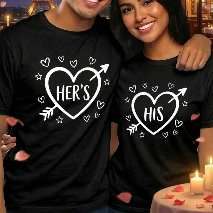 Playera pareja para hombre y mujer, estilo casual romántico, estampado gráfico moderno, corte holgado, cuello redondo, manga corta, verano, citas y salidas,San valentin, 14 de febrero, amor, corazon, pareja - Negro - Ver 1
