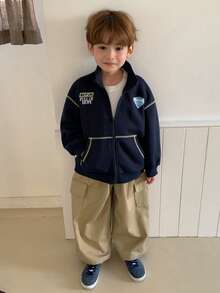 DAZY Young Boy Casual Letter Graphic Drop Shoulder Zip-Up Jacket, Autumn - Navy Blue - View 7