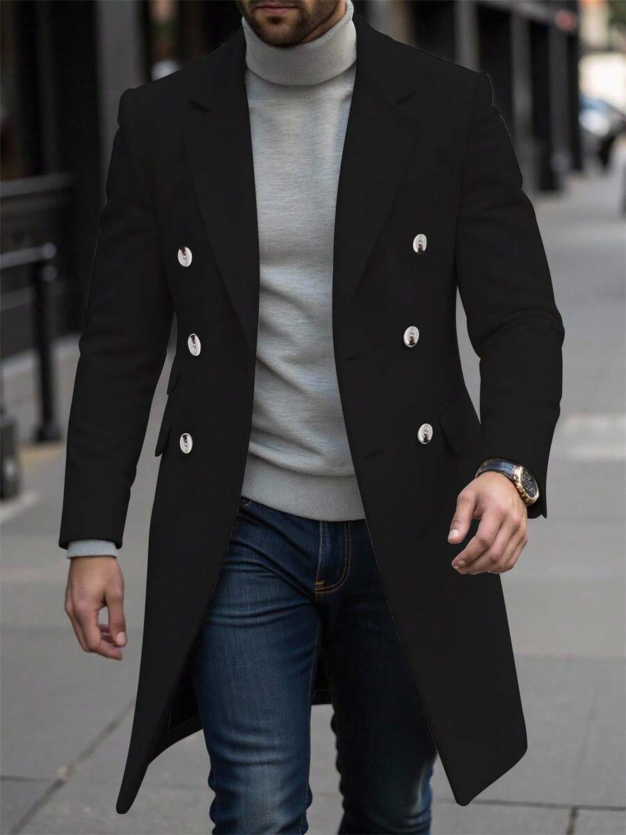 Manfinity Homme Men's Elegant Autumn Long Sleeve Overcoat,Black And Silver Button Front Solid Color Office Outerwear,European Style Fashion Clothes For Husband - Black - View 1