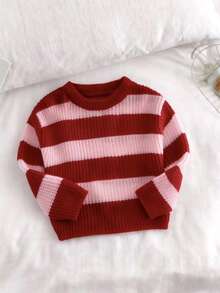 SHEIN Playful Pals 女婴休闲条纹撞色针织衫，长袖，秋冬款 - 紅色 - 查看 1