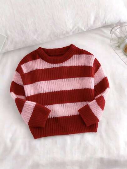 SHEIN Playful Pals BabyflickaLedig randig stickad tröja med färgblock, långärmad, höst/vinter