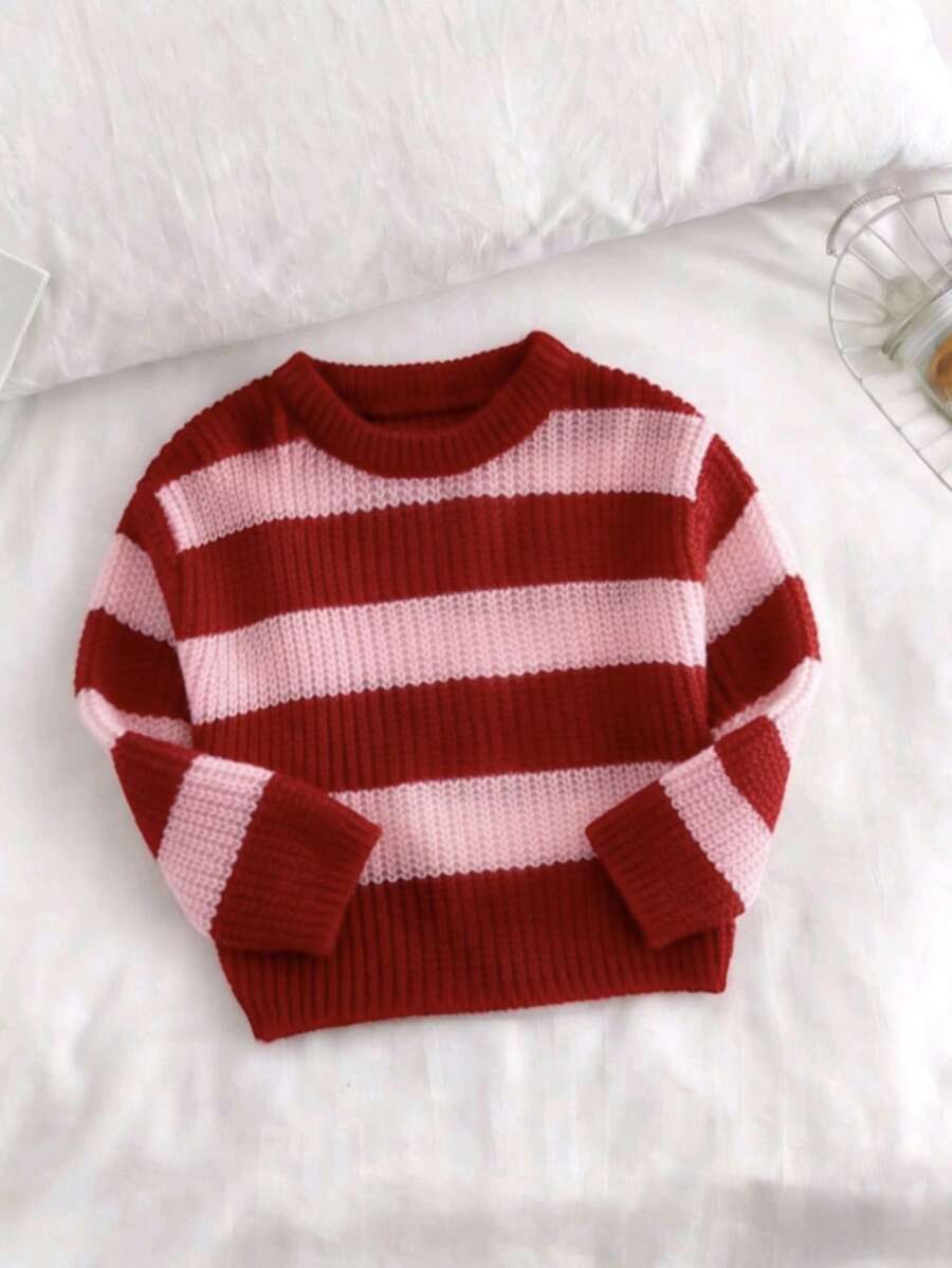 SHEIN Playful Pals 女婴休闲条纹撞色针织衫，长袖，秋冬款 - 紅色 - 查看 1