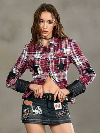 EDITION Vintage PUNK Red & Black Plaid Patchwork PU Star Applique Slim Fit Shirt