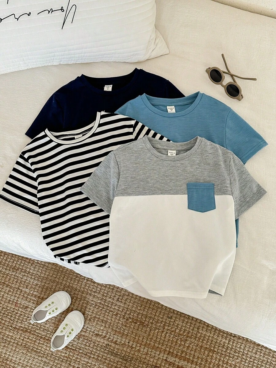 SHEIN 4件套男女童撞色条纹短袖针织T恤套装,舒适休闲日常穿着,春夏款 - 彩色 - 查看 1