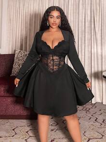 Slaydiva 2025 Herbst/Winter Neues elegantes & Party & Date & Abend & Abschluss & Hochzeit & Geburtstag & Valentinstag & Treffen & Junggesellinnenabschied sexy Mini-Kleid, figurbetontes einfarbiges Schwarz, tiefer V-Ausschnitt Langarm, transparente Spitze Patchwork Taille Krawatte, ausgestellter Saum, Große Größen - Schwarz - Übersicht 5