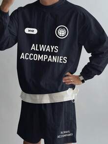 DAZY Men's Navy Blue Letter Print Crew Neck Pullover Pullover Sweatshirt Set With Drawstring Design, Spring/Summer - Blue - View 4