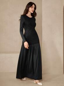 Graceveil Textured Fabric Patchwork Solid Color Round Neck Waist Cinched Elegant Party Dress - Black - View 3