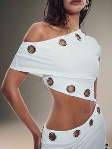 Denimoi 单肩镂空水洗针织连衣裙配金属扣眼五金演唱会服装迷你连衣裙性感连衣裙演唱会服装夏季服装时尚短裙