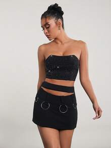 Denimoi 秋季女装，女士黑色夏季时尚性感优雅水钻装饰修身露脐上衣，无肩带牛仔设计，适合约会之夜、音乐会、演出、音乐节、派对、俱乐部、假期等场合。 - 黑色 - 查看 4