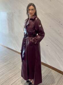 MDEdit Autumn/Winter Fashion Women's Long Leather Burgundy Trench Coat,Burgundy Coat,Burgundy Fashion Coat,Versatile And Practical Coat,Fall - Burgundy - View 4