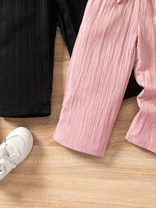 SHEIN 2pcs/Set Girls Textured Fabric Straight Leg Pants, Pink & Black, Comfortable Casual Everyday Wear - Multicolor - View 7