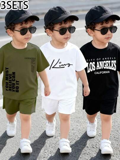 Conjunto de 6 piezas de camiseta de manga corta con cuello redondo y estampado de letras manuscritas, y pantalones cortos sencillos para bebé niño/unisex de 0 a 3 años, adecuado para primavera/verano, uso diario, exterior, hogar, básico versátil, de moda, alta relación calidad-precio