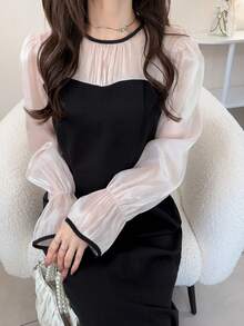 FRIFUL 女士圆领雪纺网纱拼接喇叭袖撞色甜美休闲派对连衣裙夏季女装 - 杏色 - 查看 1