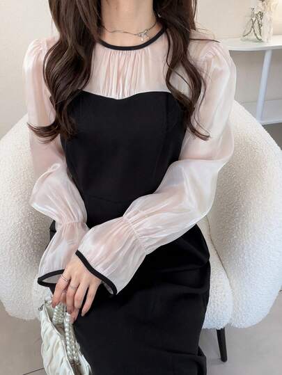 FRIFUL 女士圆领雪纺网纱拼接喇叭袖撞色甜美休闲派对连衣裙夏季女装