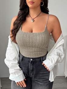 SHEIN EZwear Plus Size Apricot Ribbed Camisole Top With Built-In Bra, Suitable For Early Autumn - Apricot - View 6