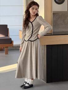 DAZY Tween Girl Contrast Trim V-Neck Long Sleeve Shirt And Mini Skirt Elegant Set - Apricot - View 6