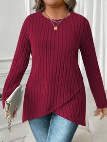 EMERY ROSE Women's Asymmetrical Hem Ribbed Knit Crew Neck Long Sleeve Plus Size T-Shirt, Spring/Autumn - Burgundy - View 4