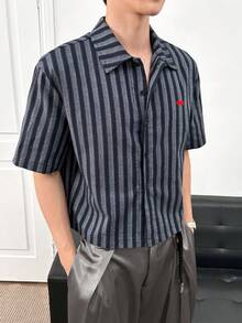 ESTAVOR 男士条纹简约休闲短袖衬衫 - 黑色 - 查看 3