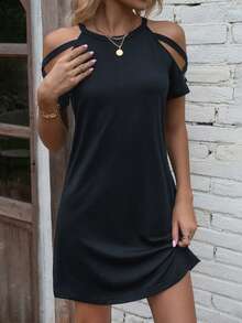 EMERY ROSE Women's Casual Solid Color Off-Shoulder Short Dress - Navy Blue - View 4
