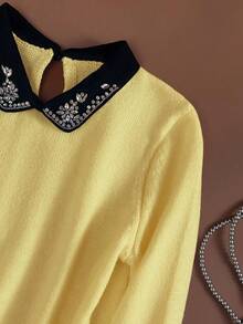 Franclia 复古优雅二合一针织毛衣，饰有钻石图案，翻领，长袖，休闲日常穿着，返校季，秋冬季佳选。 - 黃色 - 查看 4