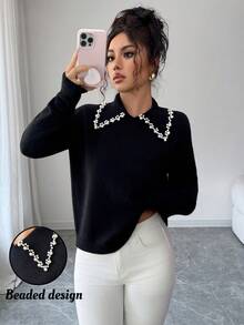 SHEIN PETITE Women's Black Autumn Elegant Office Long Sleeve Knit Sweater Top,Vintage Korean Style Collared Studded Beaded Design Versatile For Dates,Work,Parties - Black - View 1